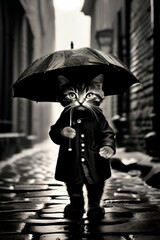 골목길에서 비속에 우산쓰고 잇는 고양이