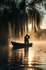 안개낀 호수에서 배타고 키스하는 한쌍