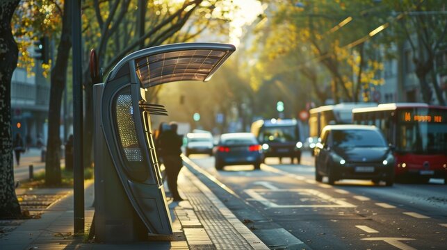 On a busy city street a futuristiclooking bus stop is powered by the sun its solar panels quietly capturing energy and reducing the carbon footprint.