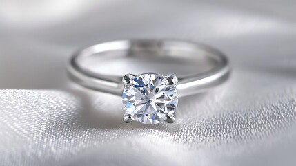 Exquisitely crafted solitaire engagement ring with a round brilliant cut diamond center stone set in a four-prong setting on a polished platinum band.