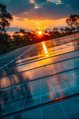 Fototapeta premium Solar Panels at Sunset: Renewable Energy Source with Vibrant Sky and Sunlight Reflection on Photovoltaic Cells in a Natural Setting