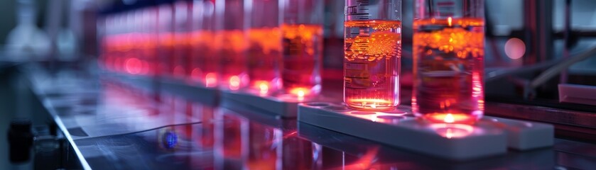 Laboratory Test Tubes with Red and Orange Liquid Illuminated by Light in a Modern Scientific Research Facility