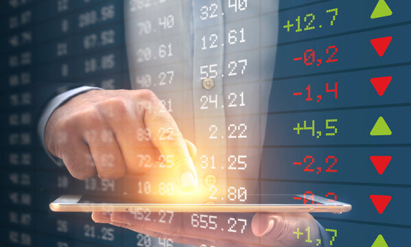 Business man analyzing stock market trading graph financial data - Economy background