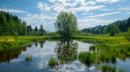 Fototapeta premium green meadow reflects in pond, AI Generative.