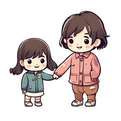 Cartoon illustration of two little sisters holding hands, radiating warmth and affection, showcasing their sibling bond and shared moments in a heartwarming and cute scene.