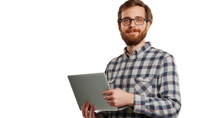 portrait of a man holding a laptop isolated on transparent background, software engine cut out