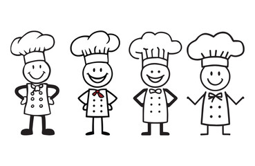 Group of stick figure chef, smiling and appearing happy