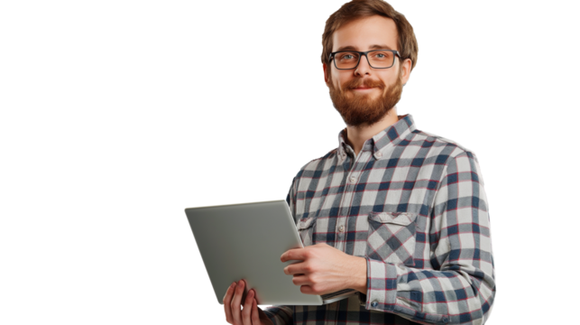 portrait of a man holding a laptop isolated on transparent background, software engine cut out