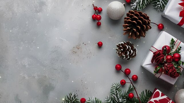 Christmas background with red and white wrapping paper, gifts, pine cones, holly berries, christmas decorations, on light grey stone table, flat lay, top view, high resolution photography, high detail
