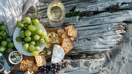 A wooden table displaying a delicious recipe with ingredients such as cheese, grapes, crackers, and...