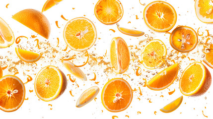 A bunch of oranges are sliced and scattered across a white background