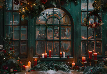 Obraz premium Festive Green Window with Candlelight and Holiday Decorations