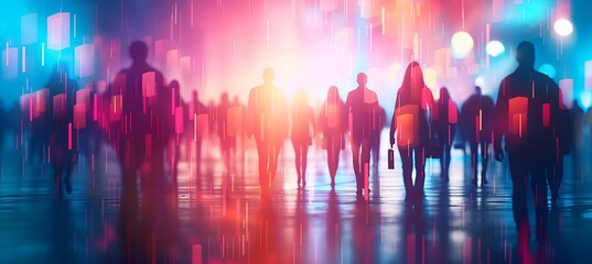 Fototapeta premium Business Professionals Walking Towards Futuristic Cityscape, Silhouetted Business People in Modern Urban Setting, Corporate Team Walking in Futuristic Night City, Digital Future, Tech Business Cover 