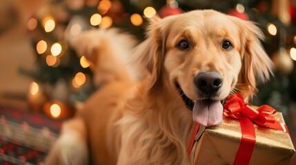 Close up view of cute golden retriever sitting with gift box in mouth near Christmas tree at home. 