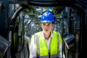 An industrial worker in high-visibility gear and a blue helmet meticulously examines the intricate network of machinery. The engineer is dedicated to maintaining operational efficiency and safety.