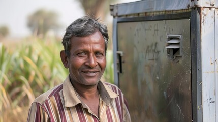 A farmer proudly showing off his solarpowered cold room used to preserve crops and reduce food waste in a remote agricultural area.