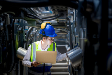 An industrial worker in high-visibility gear and a blue helmet meticulously examines the intricate...