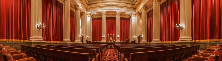 Panoramic view of the interior of US supreme court with red curtains and columns and brown chairs, wide angle shot