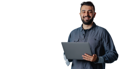 portrait of a man holding a laptop isolated on transparent background, software engine cut out
