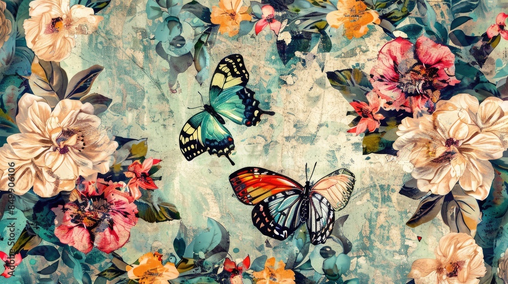 Sticker Floral patterns with butterflies on a backdrop