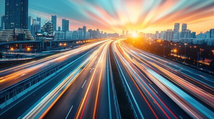 Cityscape with Highway and Sunset
