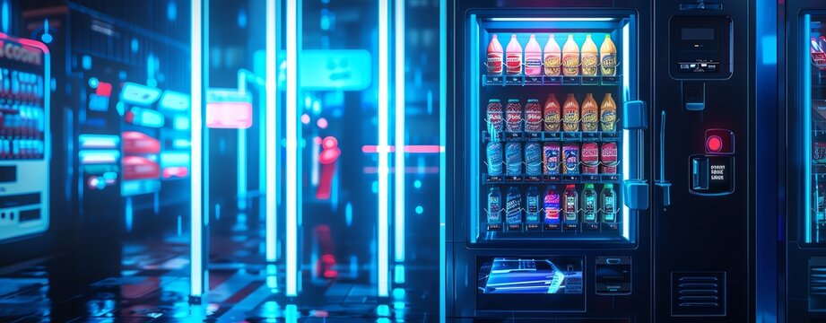 Vending machine with neon lights selling snacks and drinks