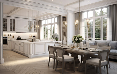 white modern kitchen and dining room in a house.