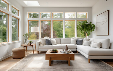 interior of modern bright living room with white sofa and coffee table