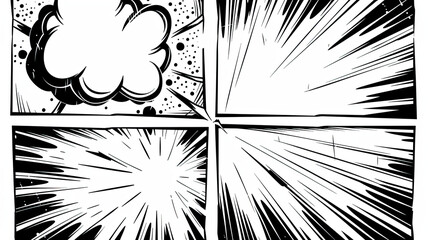 Comic book template, black and white, sharp contrasts, clean lines, varied layouts, speech bubbles.