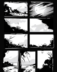Retro black and white comic template, clean lines, clear separations, varied panels, dialogue-ready.