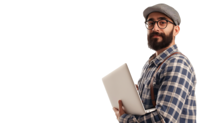 portrait of a man holding a laptop isolated on transparent background, software engine cut out
