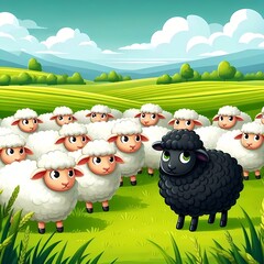 The black sheep, English idiom. A black sheep standing apart from a flock of white sheep.