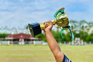 Hand hold golden championship trophy after winning game.