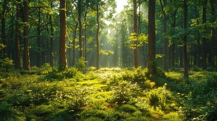 Obraz premium A forest with sunlight shining through the trees