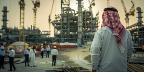 Saudi oil master overseeing the construction of an industrial plant, showcasing leadership in energy development - AI Image