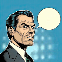 Man in suit with serious look, retro comic style, halftone blue background, empty speech bubble.