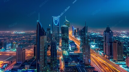 Obraz premium Night View of Illuminated Saudi Arabian City Skyline with Vibrant Skyscrapers and Bustling Streets. Aerial Perspective Overlooking Kingdom Tower and Modern Architecture Against Dark Blue Sky.