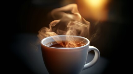 A cup of coffee steaming in the morning light.