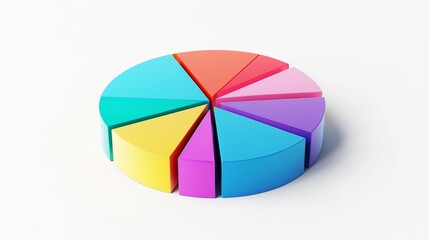 Obraz premium Vibrant 3D pie chart, each segment a different color, white flat background, minimalist and clean design, ample text space, professional presentation