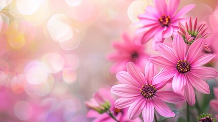 Fototapeta premium Vibrant pink flowers with an empty space for text or greeting card design, soft focus on petals, bright and inviting, gentle background blur