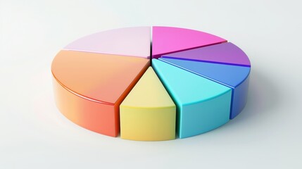 Fototapeta premium Vibrant 3D pie chart, each segment a different color, white flat background, minimalist and clean design, ample text space, professional presentation