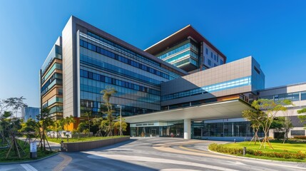 the exterior facade and main entrance of the hospital building