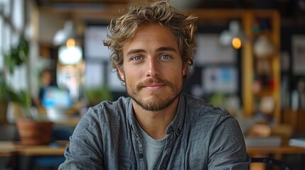 Obraz premium A man with a beard and blue eyes is smiling at the camera