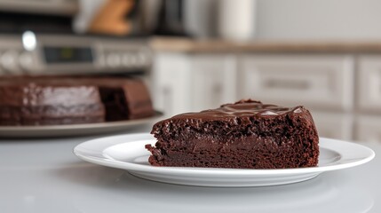 A single slice of chocolate cake on a white plate in a kitchen.