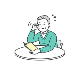 かすみ目で目をこすっている高齢男性の上半身イラスト
