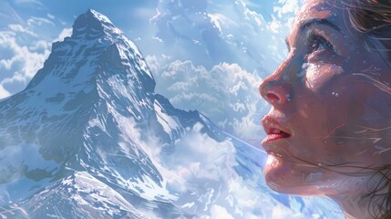 A happy woman smiles in a closeup with a beautiful mountain landscape in the background. She enjoys leisure and recreation while traveling in the natural landscape AIG50