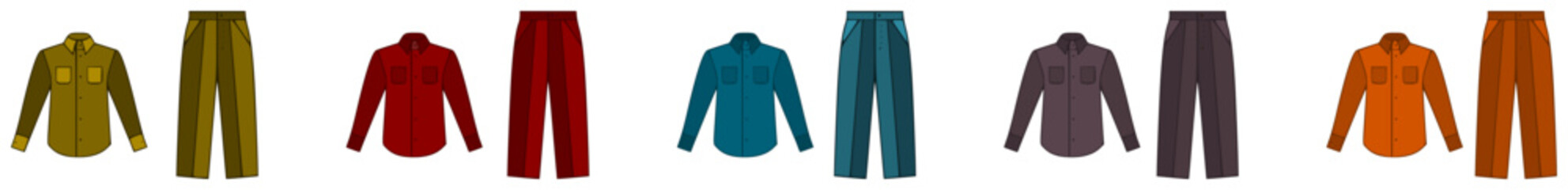 Men's Shirt and Trousers kits in blue, brown, and red colours.