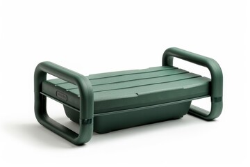Green garden kneeler with sturdy arm supports, ideal for gardening. Provides comfort and ease of use while working in the garden, white background