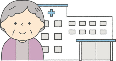 病院とシニア女性