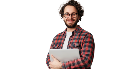portrait of a man holding a laptop isolated on transparent background, software engine cut out